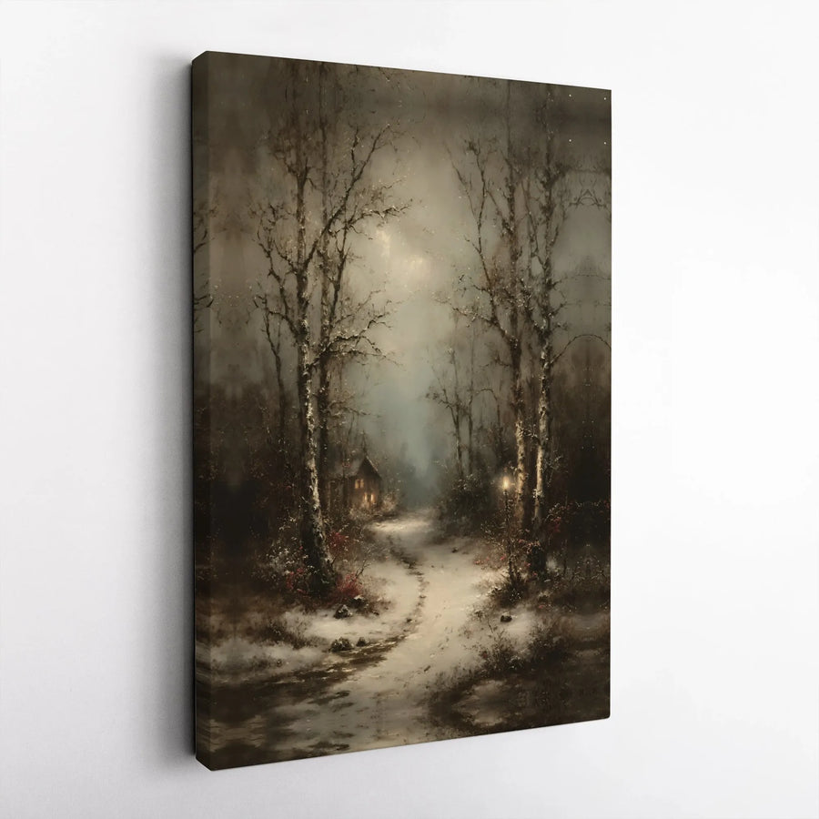 Winter Forest Landscape Canvas Print | Snowy Cabin Path Wall Art | Premium Gallery Wrap Decor | Cozy Holiday Home Gift