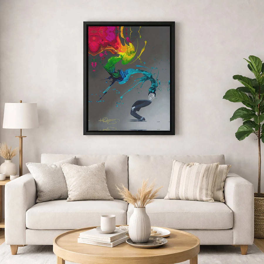 Abstract Breakdancer Lightbulb Head Canvas | Rainbow Paint Splash Modern Wall Art | Premium 1.25" Gallery Wrap | Unique Office Decor Gift