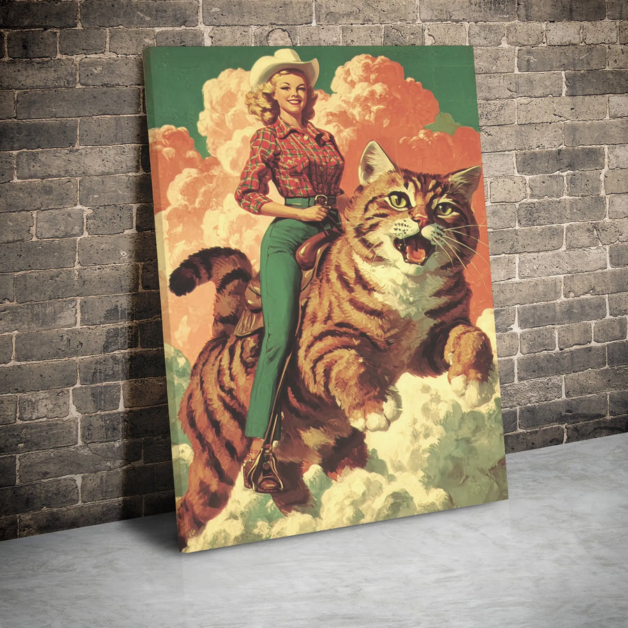 Retro Cowgirl Riding Giant Cat Canvas | Whimsical Western Tabby Illustration | Premium Gallery Wrap Wall Art | Unique Home Decor Gift