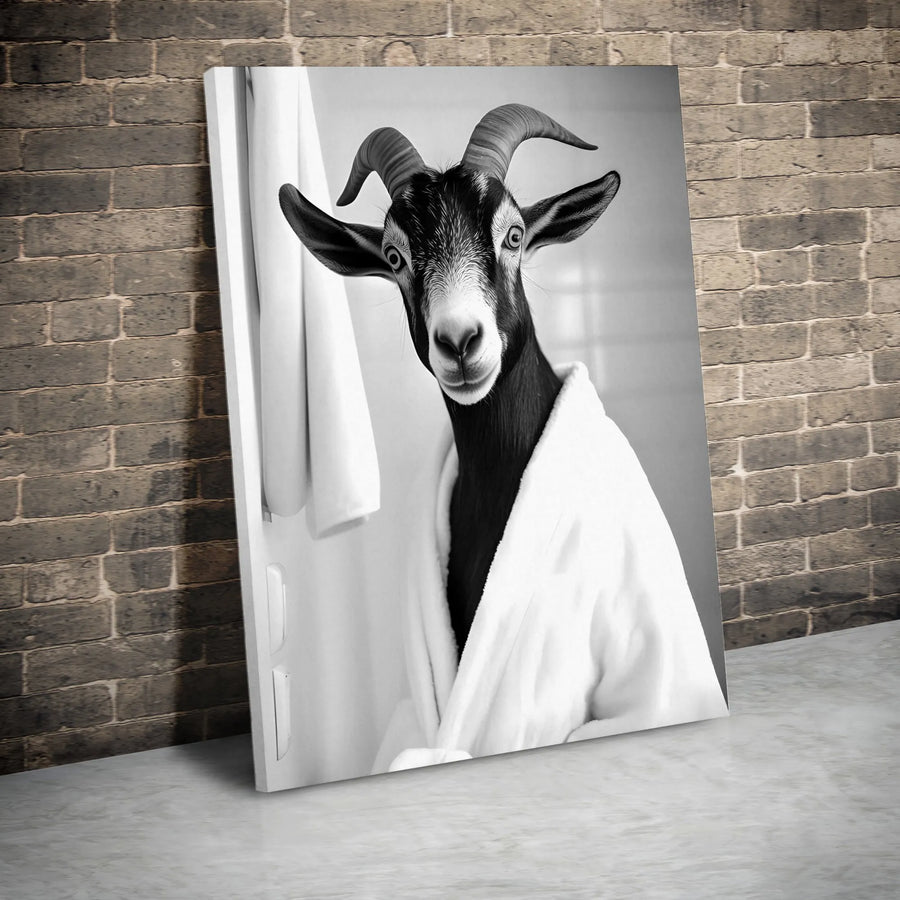 Funny Goat Vertical Canvas | Whimsical Animal in Bathrobe Portrait | Premium Black and White Wall Art | Unique Bathroom Decor Gift for Animal Lovers