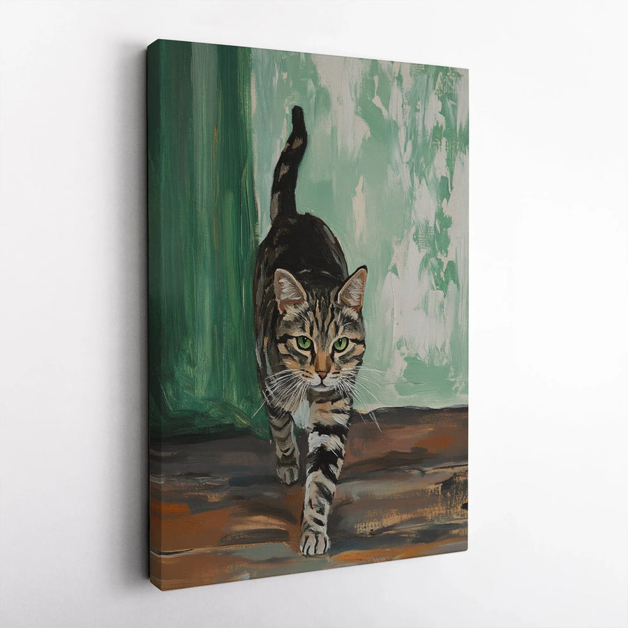 Brown Tabby Cat Wall Art | Walking Tiger Striped Cat Painting | Premium Gallery Wrap Canvas | Modern Pet Lover Home Decor Gift