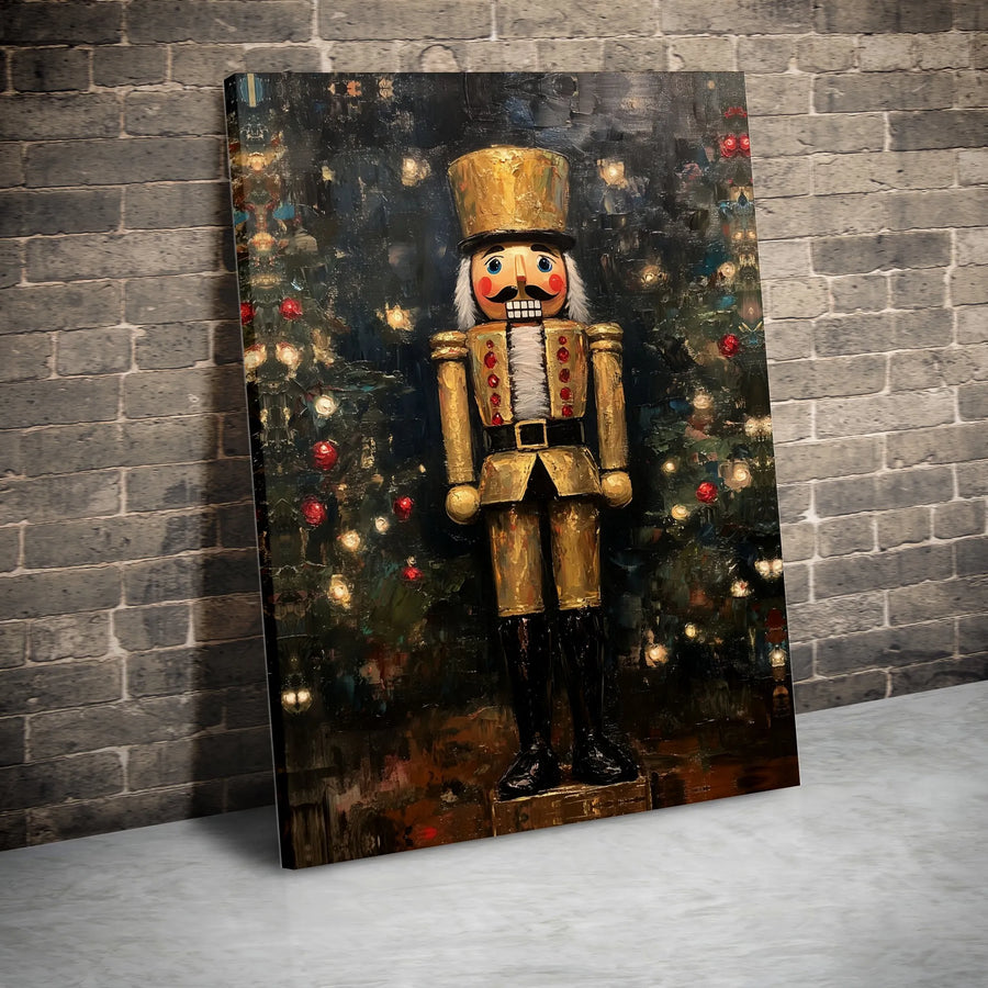 Gold Nutcracker Canvas Wall Art | Impressionist Christmas Soldier Decor | Premium Gallery-Wrapped Print | Holiday Seasonal Gift for Home
