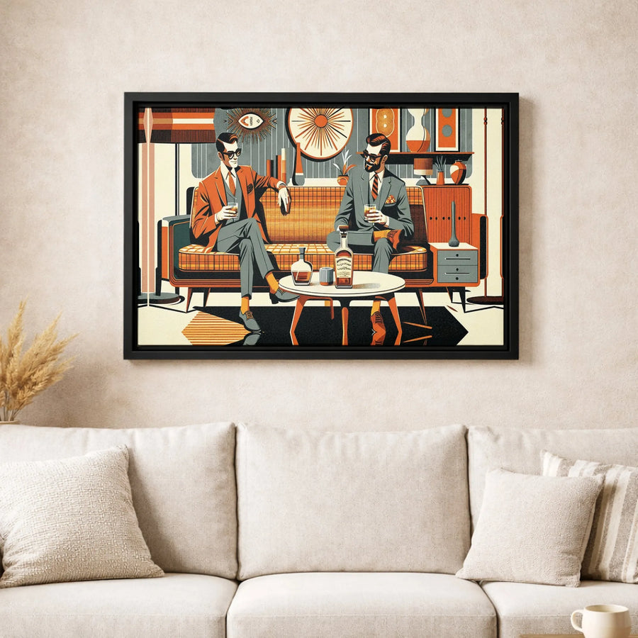 Mid-Century Modern Whiskey Bar Art | Stylish Men Drinking Vintage Wall Decor | Premium 1.25 Inch Gallery Canvas | Retro Home Office Gift