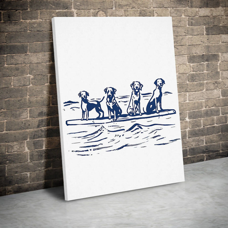 Dog Surfboard Wall Art | Linocut Style Beach Graphic Print | 1.25 Inch Premium Canvas | Unique Gift For Dog Lovers And Surfers