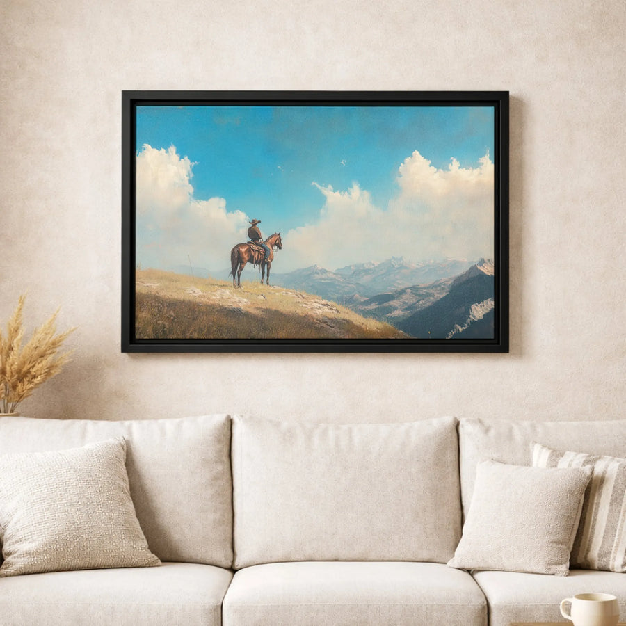 Western Cowboy Wall Art | Horseback Mountain Landscape Canvas Print | Premium Gallery-Wrapped Decor | Rustic Farmhouse Living Room Gift