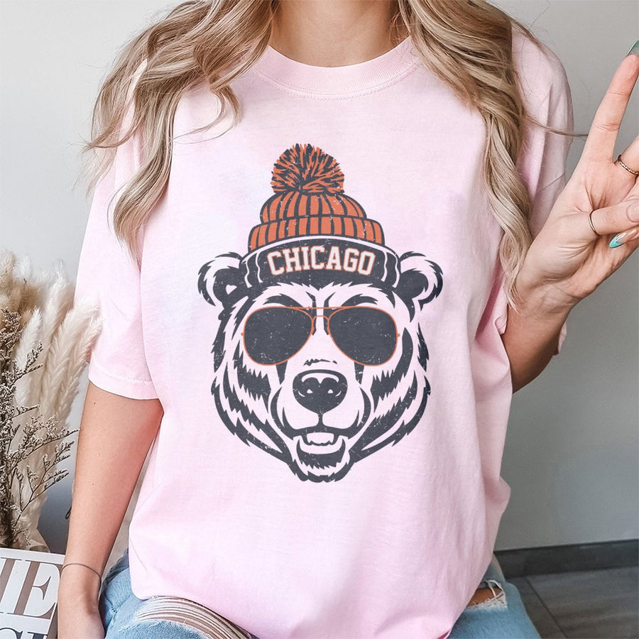 Chicago Bear Wearing Sunglasses And A Beanie T-Shirt