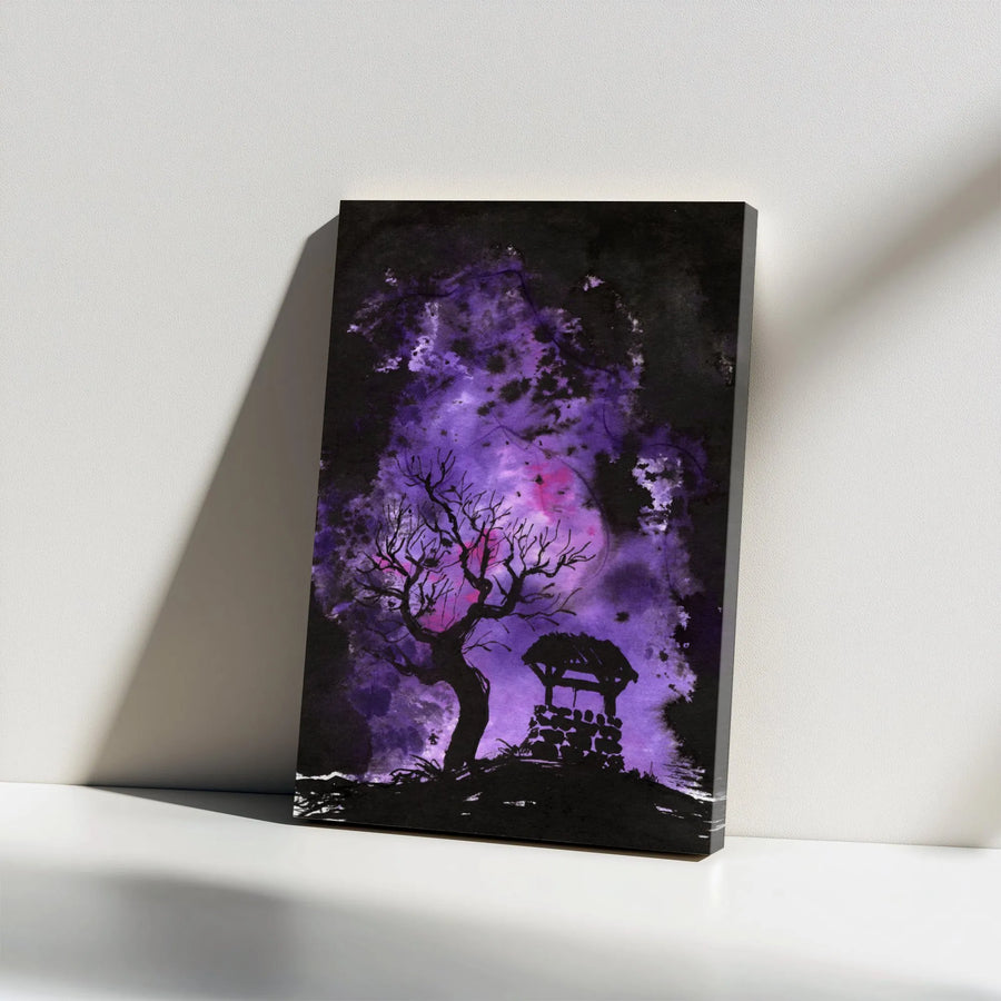Spooky Well And Tree Canvas | Purple Night Sky Gothic Wall Art | Premium 1.25-Inch Gallery Wrap | Ready To Hang Dark Academia Decor