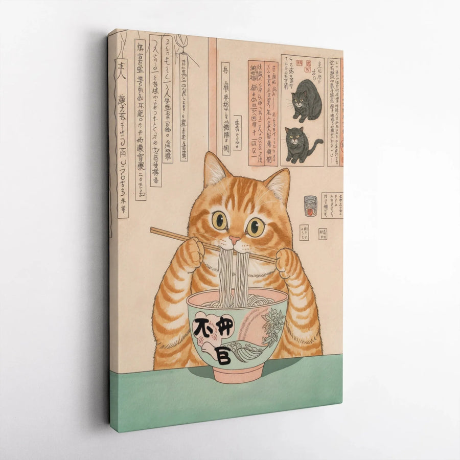 Japanese Ukiyo-E Orange Cat Wall Art | Ramen Noodle Eating Kitty Print | Premium Gallery Wrapped Canvas | Quirky Gift for Cat Lovers