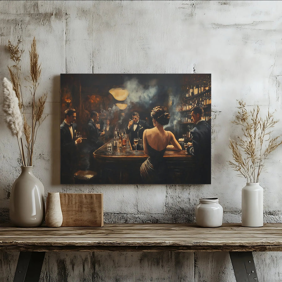 Vintage Speakeasy Bar Canvas Art | Noir Nightlife Oil Painting Style | Premium 1.25" Gallery Wrap | Sophisticated Home Decor Gift for Him