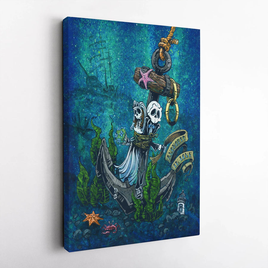 Anchored in Love Canvas Print | Gothic Skeleton Bride & Groom Underwater Art | Premium Fade-Resistant Print | Nautical Wedding Anniversary Gift
