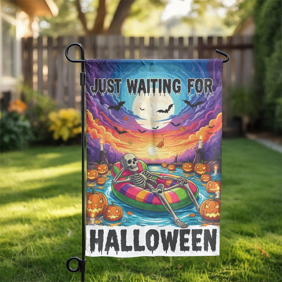 Just Waiting For Halloween Garden Flag | Spooky Skeleton Pool Float Art | Durable Polyester Outdoor Decor | Festive Fall Yard Decoration Gift