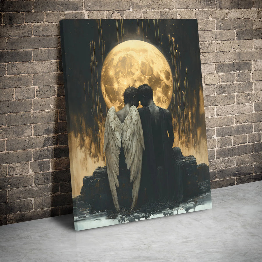 Angel and Demon Couple Canvas Art | Gothic Fantasy Moon Wall Decor | Premium 1.25 Inch Gallery Wrap | Romantic Dark Aesthetic Gift for Lovers