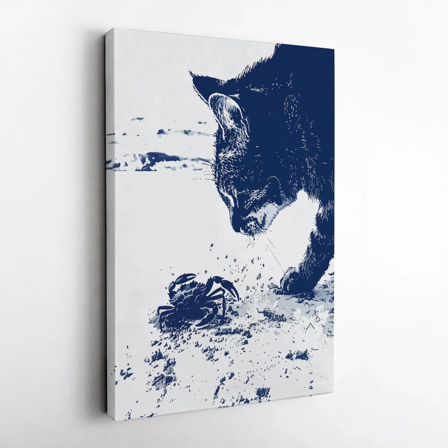 Cat and Crab Beach Canvas Wall Art | Blue and White Coastal Decor | Premium Gallery Wrap Print | Modern Animal Nature Home Gift