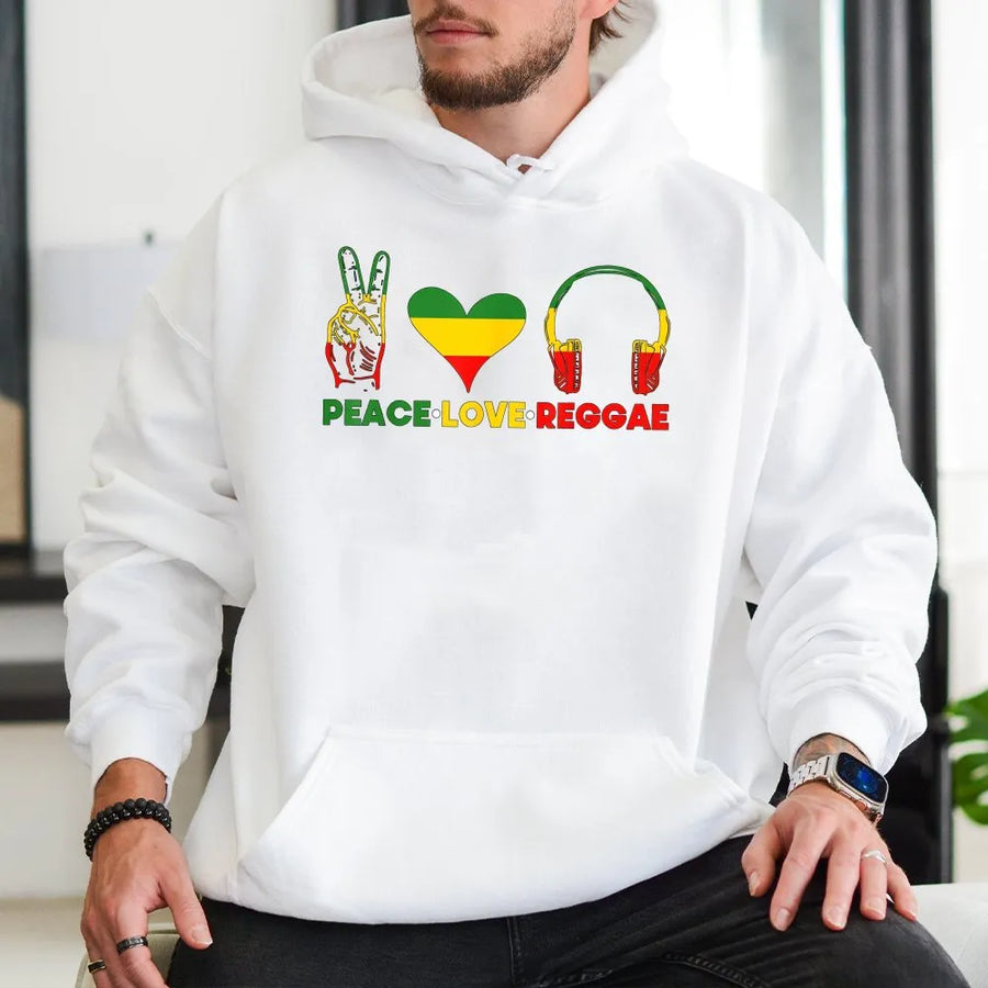 Peace Love Reggae Hoodie | Rasta Music Symbol Graphic | Soft Cotton-Blend Premium Pullover | Unisex Music Festival Gift for Men & Women