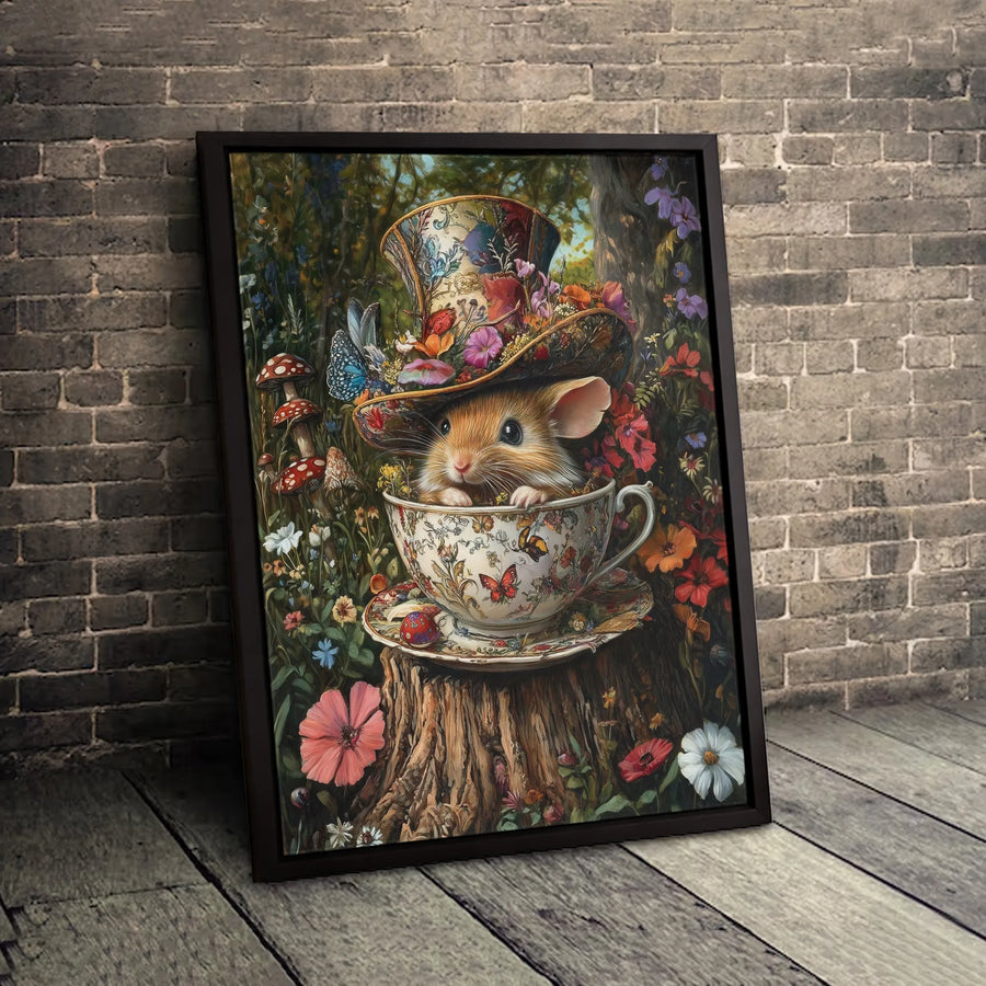Whimsical Mouse In Teacup Canvas Art | Enchanted Forest Garden Wall Decor | Premium Gallery Wrap Print | Magical Cottagecore Gift For Her