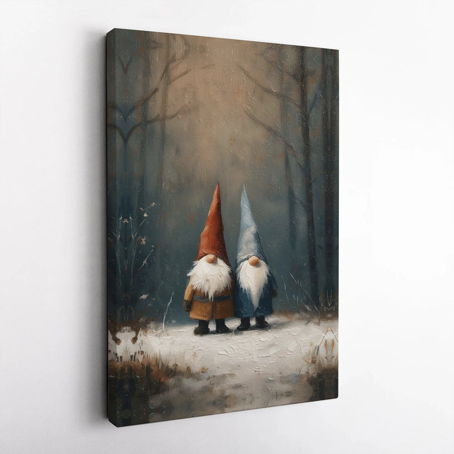 Winter Gnome Wall Art | Oil Painting Style Snowy Forest Scene | Premium Gallery-Wrapped Canvas | Festive Seasonal Home Decor Gift