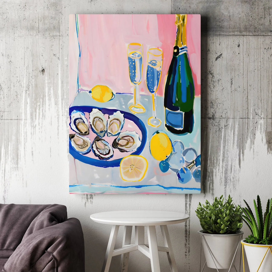 Oysters and Champagne Vertical Canvas | Colorful Painterly Wall Art | Premium High-Resolution Print | Kitchen & Dining Room Decor Gift