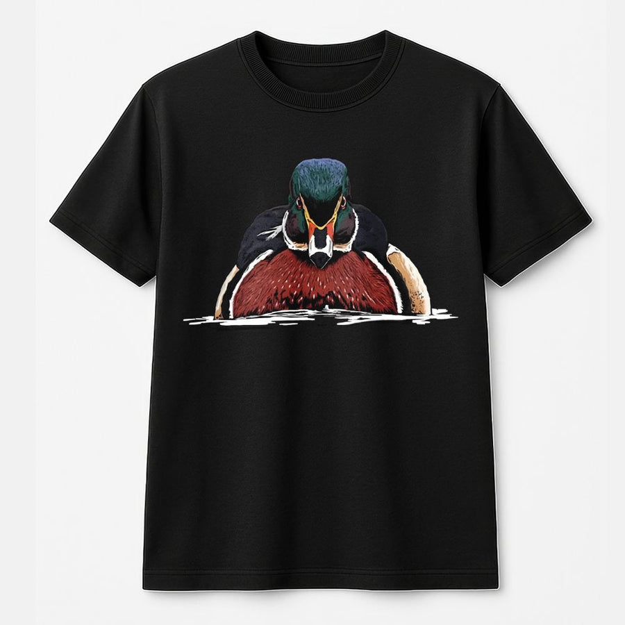 Wood Duck Graphic T-Shirt | Realistic Waterfowl Hunting Art | Premium 100% Cotton Tee | Gift for Duck Hunters and Outdoorsmen