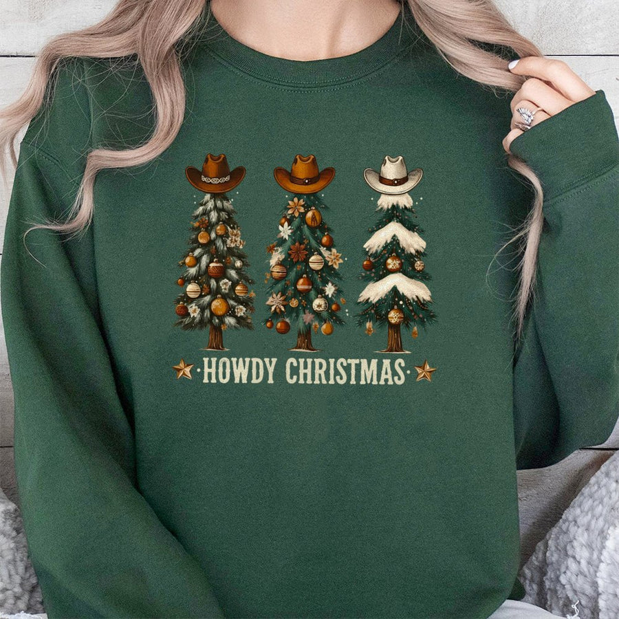 Howdy Christmas Sweatshirt | Western Cowboy Hat Tree Graphic | Premium Cotton Blend | Funny Holiday Gift For Country Music Lovers