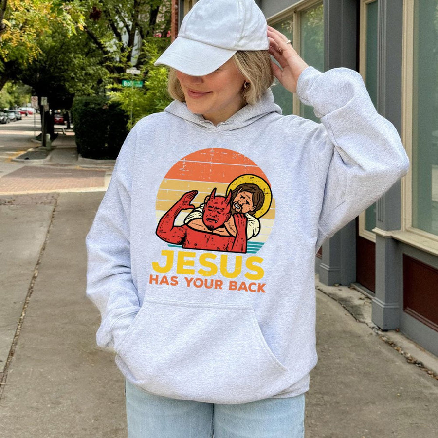 Jesus Has Your Back Hoodie | Funny Jiu Jitsu Retro Graphic | Premium Cotton Blend | Christian Faith Gift for Him or Her