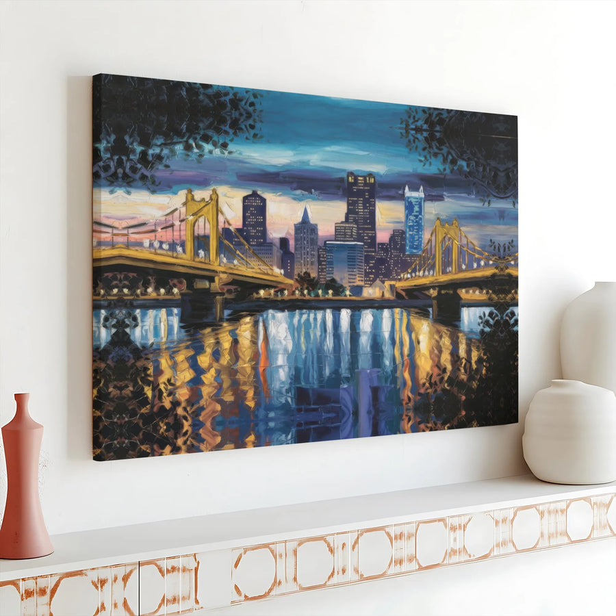 Pittsburgh Skyline Canvas Print | Impressionist Yellow Bridge River Reflection | Gallery Wrap Premium Wall Art | Modern Home & Office Decor Gift