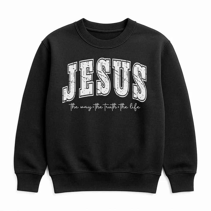 Jesus The Way The Truth The Life Sweatshirt | Distressed Varsity Font Religious Graphic | Premium Cotton Blend Crewneck | Christian Faith Gift For Her