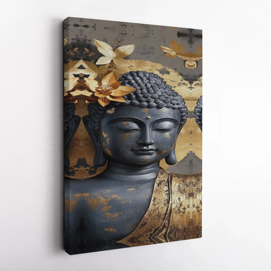 Buddha Canvas Wall Art | Meditation Zen Gray and Gold Decor | Premium Gallery Wrap 1.25" Profile | Spiritual Home Office Gift