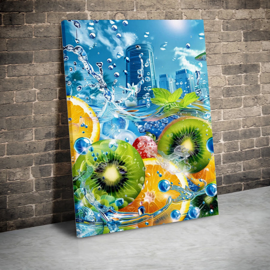 Vibrant Fruit Splash Canvas Wall Art | Surreal Cityscape & Tropical Fruit Design | Premium Gallery-Wrapped Canvas | Modern Kitchen & Bar Decor Gift