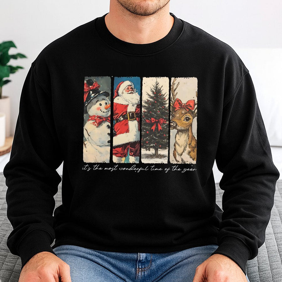 Vintage Christmas Sweatshirt | Nostalgic Santa Snowman Reindeer Graphic | Soft Cotton Blend | Holiday Gift for Women and Men