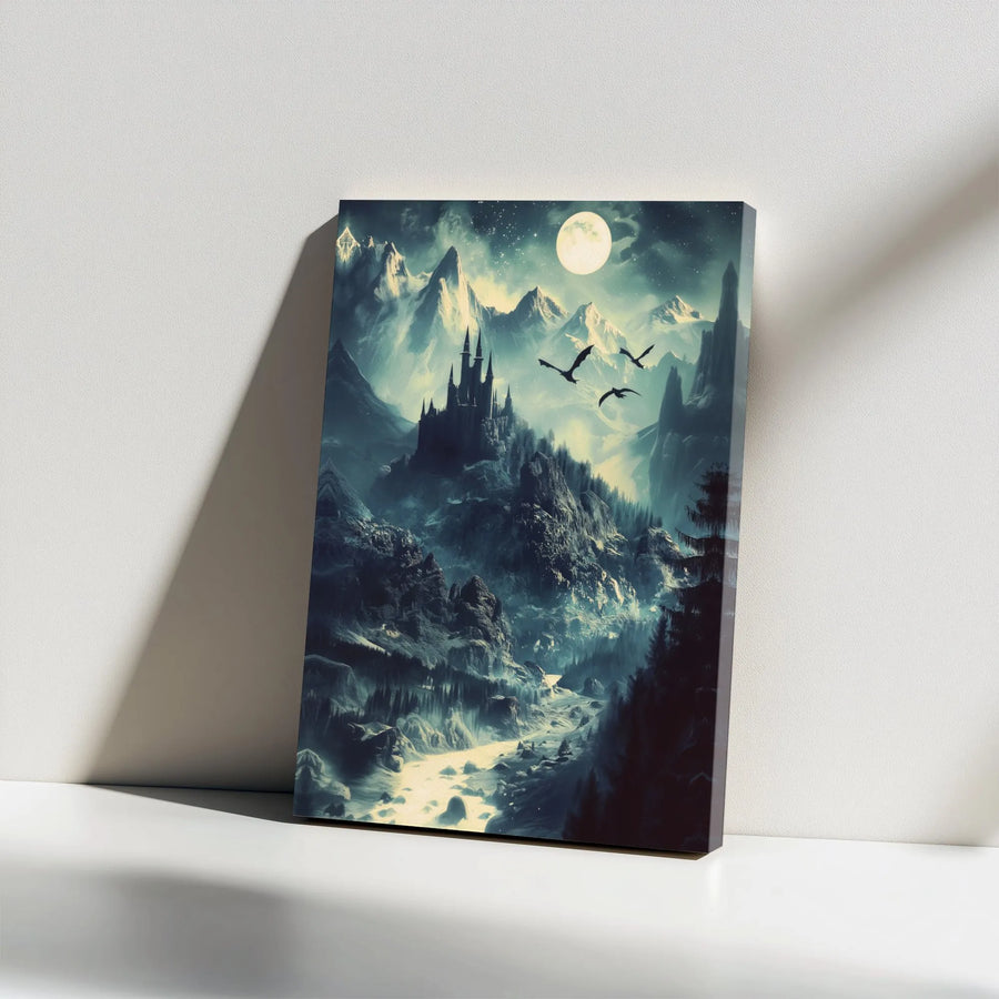 Gothic Castle Canvas Wall Art | Fantasy Mountain Landscape with Flying Dragons | Premium 1.25" Gallery Wrap | Dark Fantasy Decor for Home Office