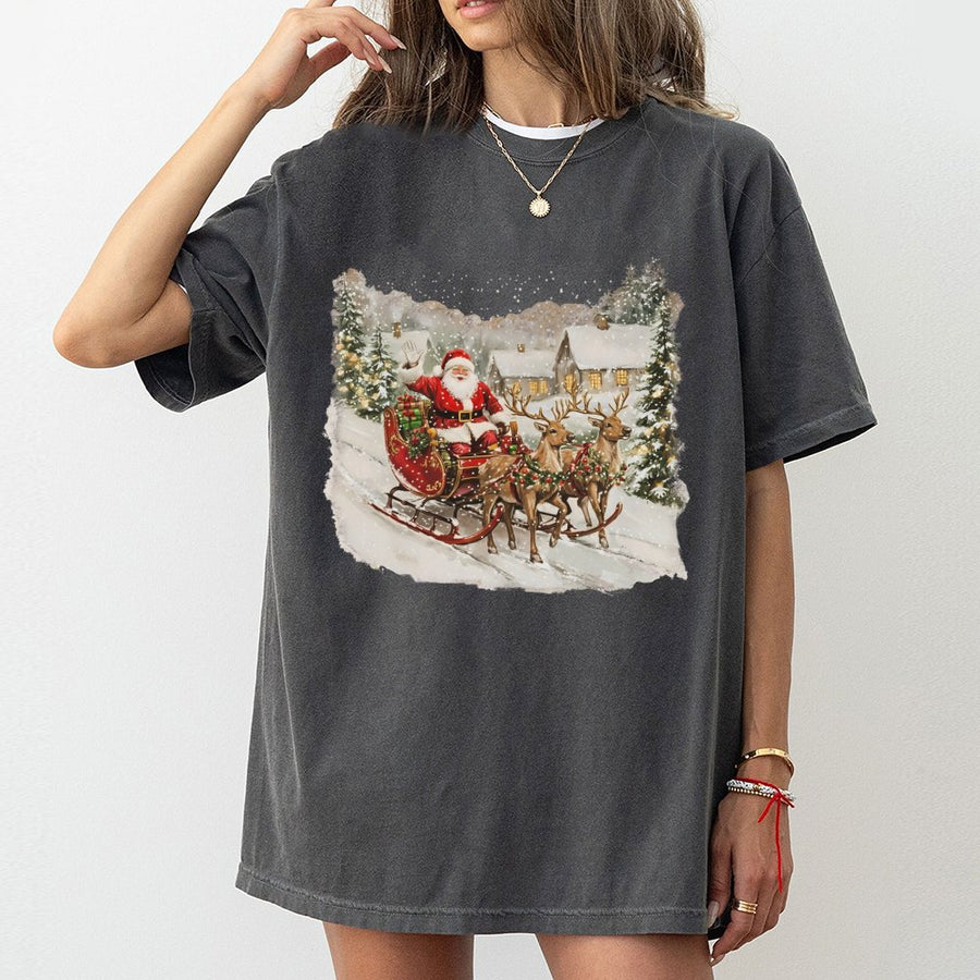 Vintage Santa Sleigh T-Shirt | Classic Snowy Christmas Village Graphic | 100% Soft Cotton Tee | Festive Holiday Gift for Women & Men