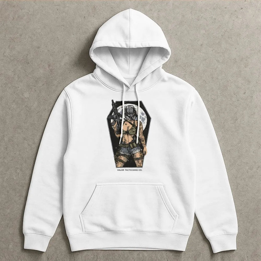Tactical Girl Graphic Hoodie | Armed Soldier Aesthetic Design | Soft Cotton-Polyester Blend | Edgy Streetwear Gift for Gun Enthusiasts