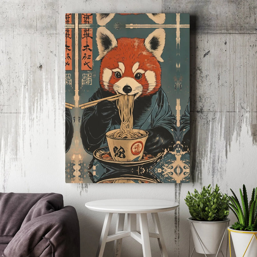 Red Panda Ramen Canvas Print | Japanese Ukiyo-E Art Style | Gallery Wrapped Premium Material | Unique Kitchen Wall Decor Gift