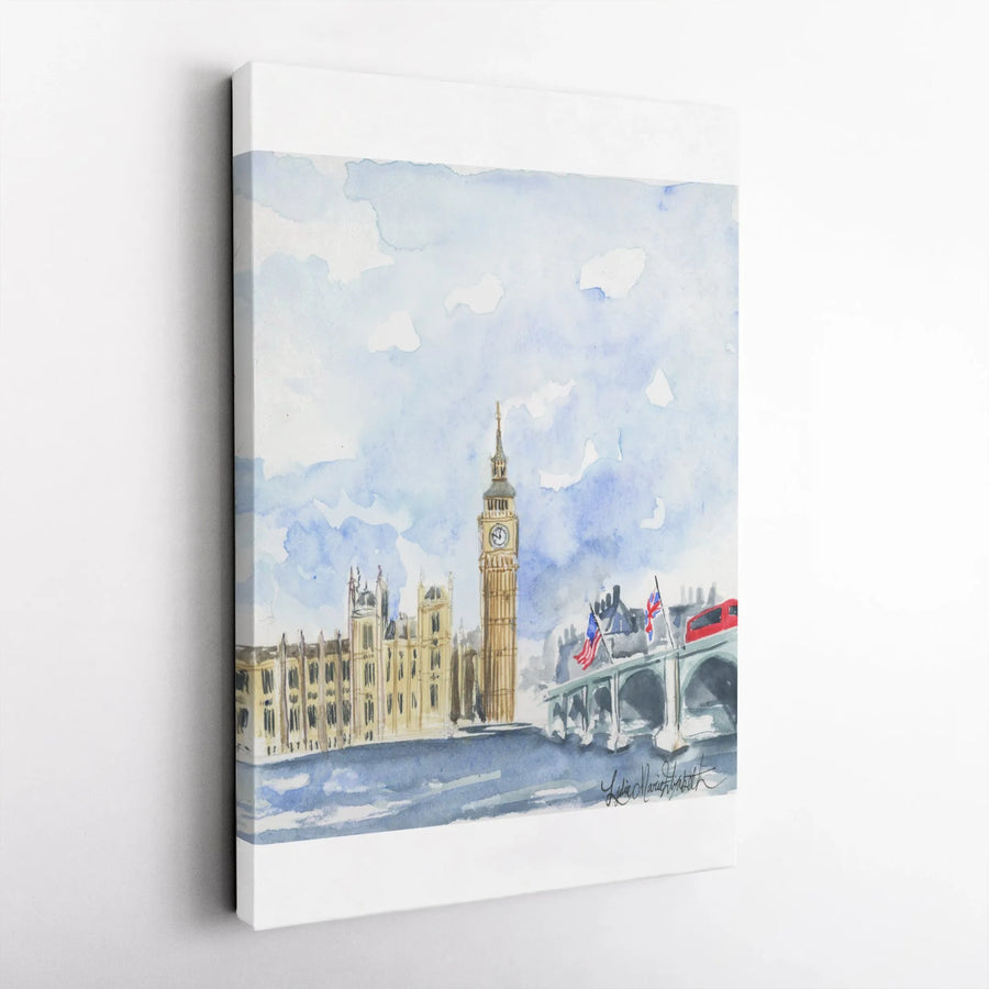 Big Ben London Vertical Canvas | Watercolor Cityscape Painting | Premium Gallery Wrap Canvas | Gift for Traveler & UK Wall Decor