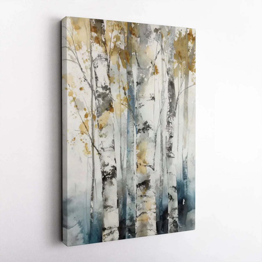 Abstract Birch Tree Canvas Wall Art | Watercolor Forest Landscape with Gold Accents | Premium Gallery Wrapped Decor | Modern Home Office Gift