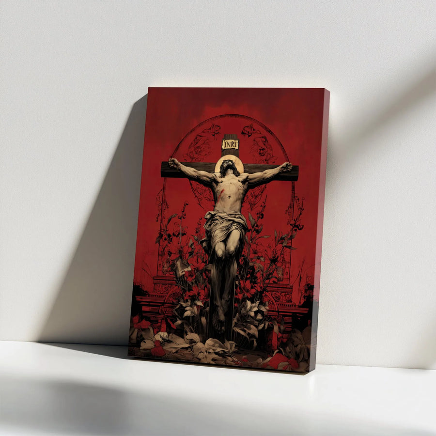 Crucifixion of Christ Canvas Wall Art | Dramatic Red Christian Illustration | Premium Thick Gallery Canvas | Religious Home Decor Gift