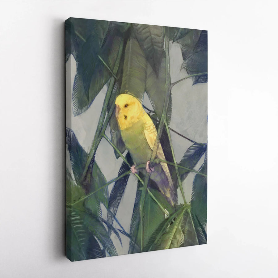 Yellow Budgie Canvas Wall Art | Tropical Leaf Bird Painting | Premium Gallery Wrap Print | Nature Decor Gift for Bird Lovers