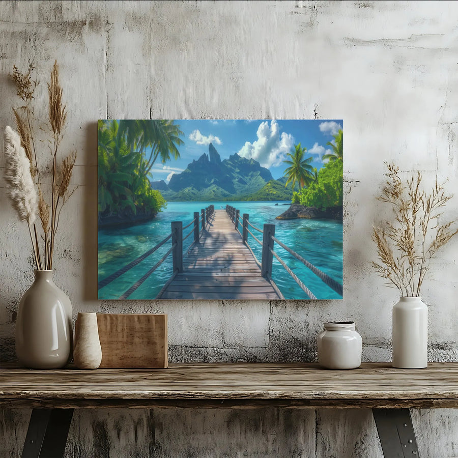 Tropical Beach Canvas Wall Art | Turquoise Ocean Dock & Mountain View | Premium Fade-Resistant Print | Relaxing Coastal Home Decor Gift