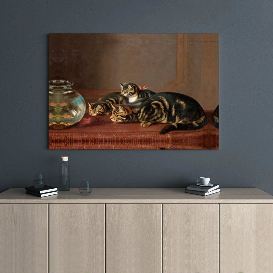 Vintage Cat Art Canvas | Tabby Cats Watching Goldfish Bowl | Premium Gallery Wrapped Decor | Whimsical Animal Wall Art Gift for Cat Lovers