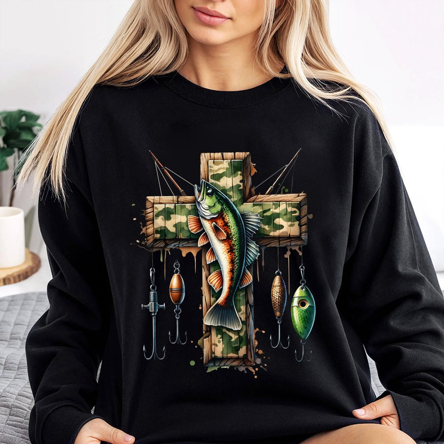 Fishing Cross Sweatshirt | Camo Faith Graphic Print | Premium Cotton Blend Unisex Crewneck | Religious Outdoor Gift for Dad Fishermen