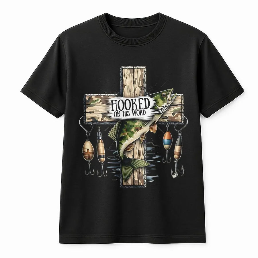 Christian Fishing T-Shirt | Hooked On His Word Camo Cross Graphic | Soft Cotton Tee | Gift for Men, Faith Based Angler Apparel