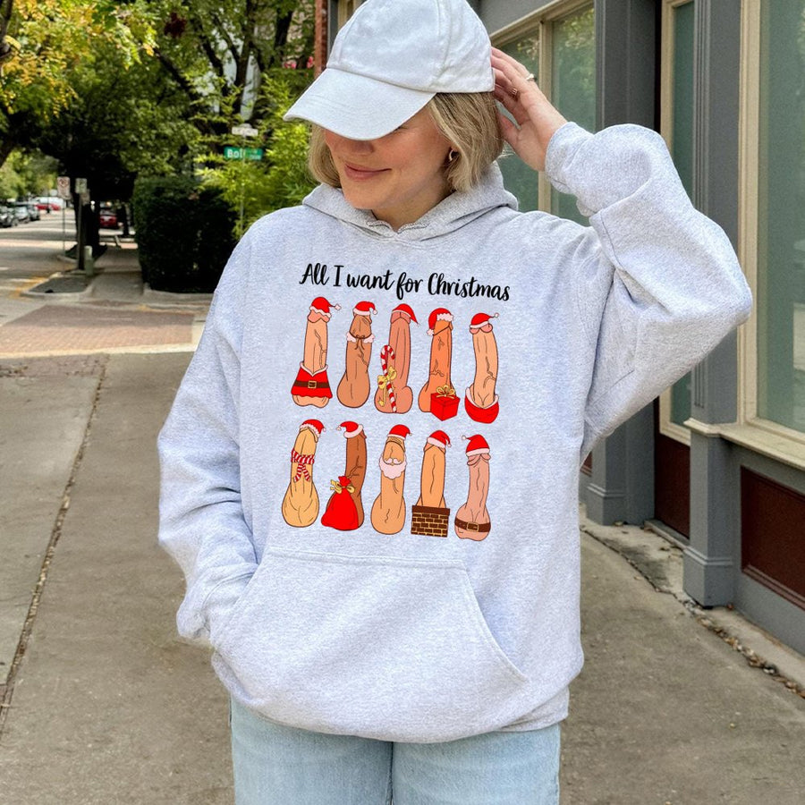 All I Want For Christmas Naughty Hoodie | Funny Adult Humor Graphic Sweatshirt | Premium Cotton-Blend Pullover | Hilarious Secret Santa Gift Idea