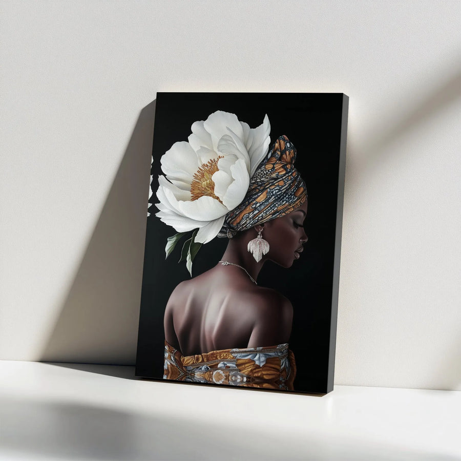 Black Woman Canvas Wall Art | African Headwrap Portrait with White Peony | Premium Gallery Wrap 1.25" Frame | Modern Black Decor for Home or Office