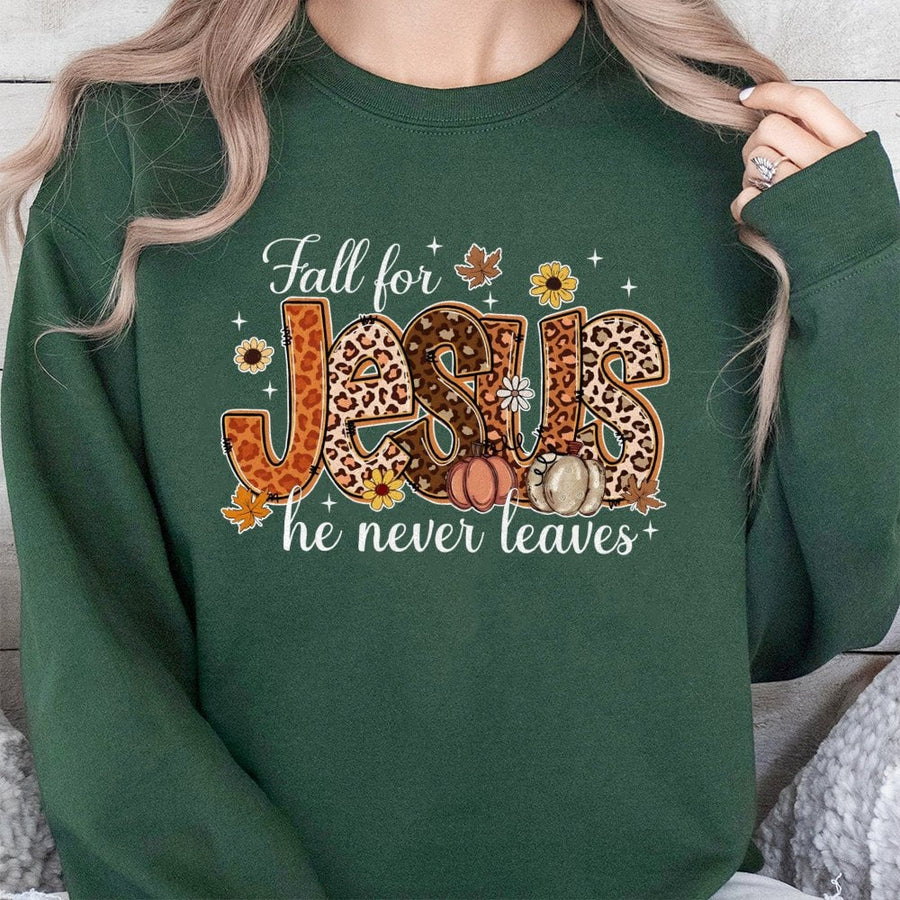 Fall For Jesus He Never Leaves Sweatshirt | Leopard Print Pumpkin Autumn Graphic | Premium Cotton Blend | Christian Fall Gift For Women