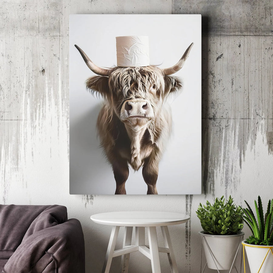Highland Cow Wall Art | Funny Toilet Paper Head Canvas Print | Premium Gallery Wrap Decor | Farmhouse Bathroom Wall Decor for Home