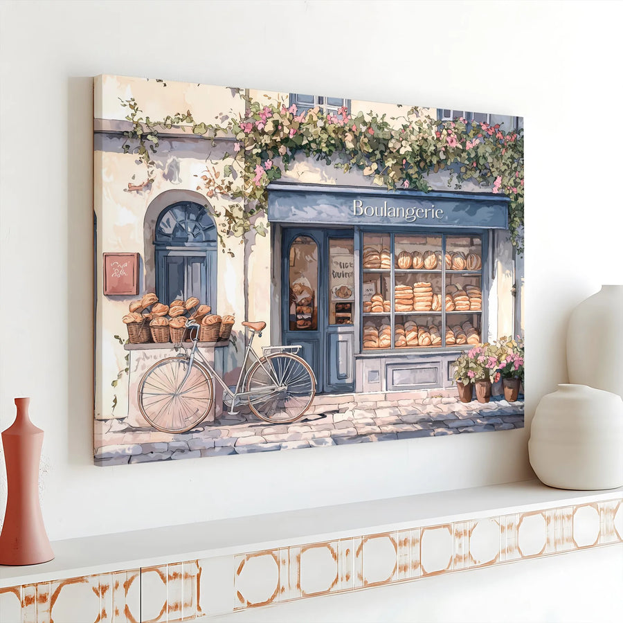 French Bakery Canvas Print | Charming Boulangerie Watercolor Street Scene | Premium 1.25" Gallery Wrap | European Kitchen Wall Decor Gift