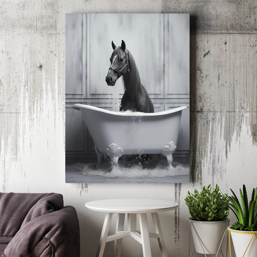 Horse In Bathtub Wall Art | Funny Animal Bathroom Decor Print | Premium Gallery Wrapped Canvas | Whimsical Farmhouse Gift for Animal Lovers
