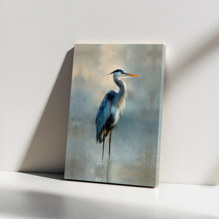 Great Blue Heron Canvas Wall Art | Misty Coastal Bird Painting | Premium Gallery Wrap Canvas | Nautical Home Decor Gift for Bird Lovers