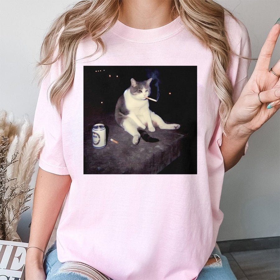 Smoking Cat Meme T-Shirt | Funny Sad Cat Drinking Beer Graphic | 100% Cotton Premium Tee | Unique Sarcastic Gift for Cat Lovers