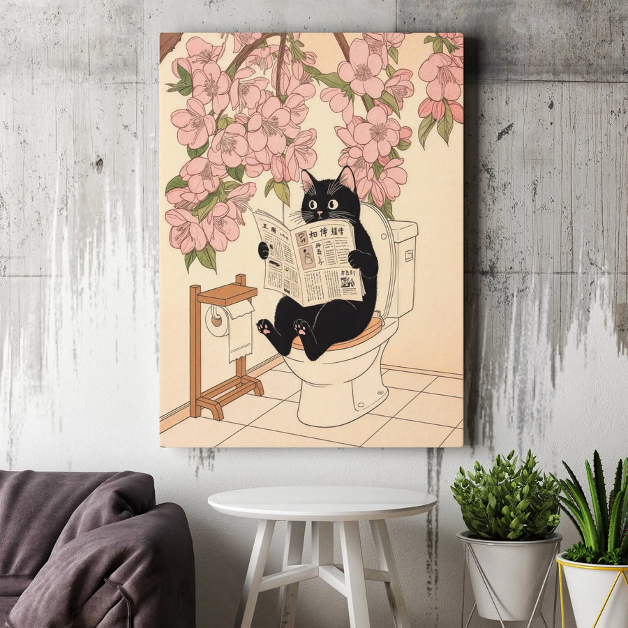 Cat Reading Newspaper on Toilet Vertical Canvas | Funny Japanese Ukiyo-e Style Wall Art | Premium Canvas Print | Unique Bathroom Decor Gift for Cat Lovers